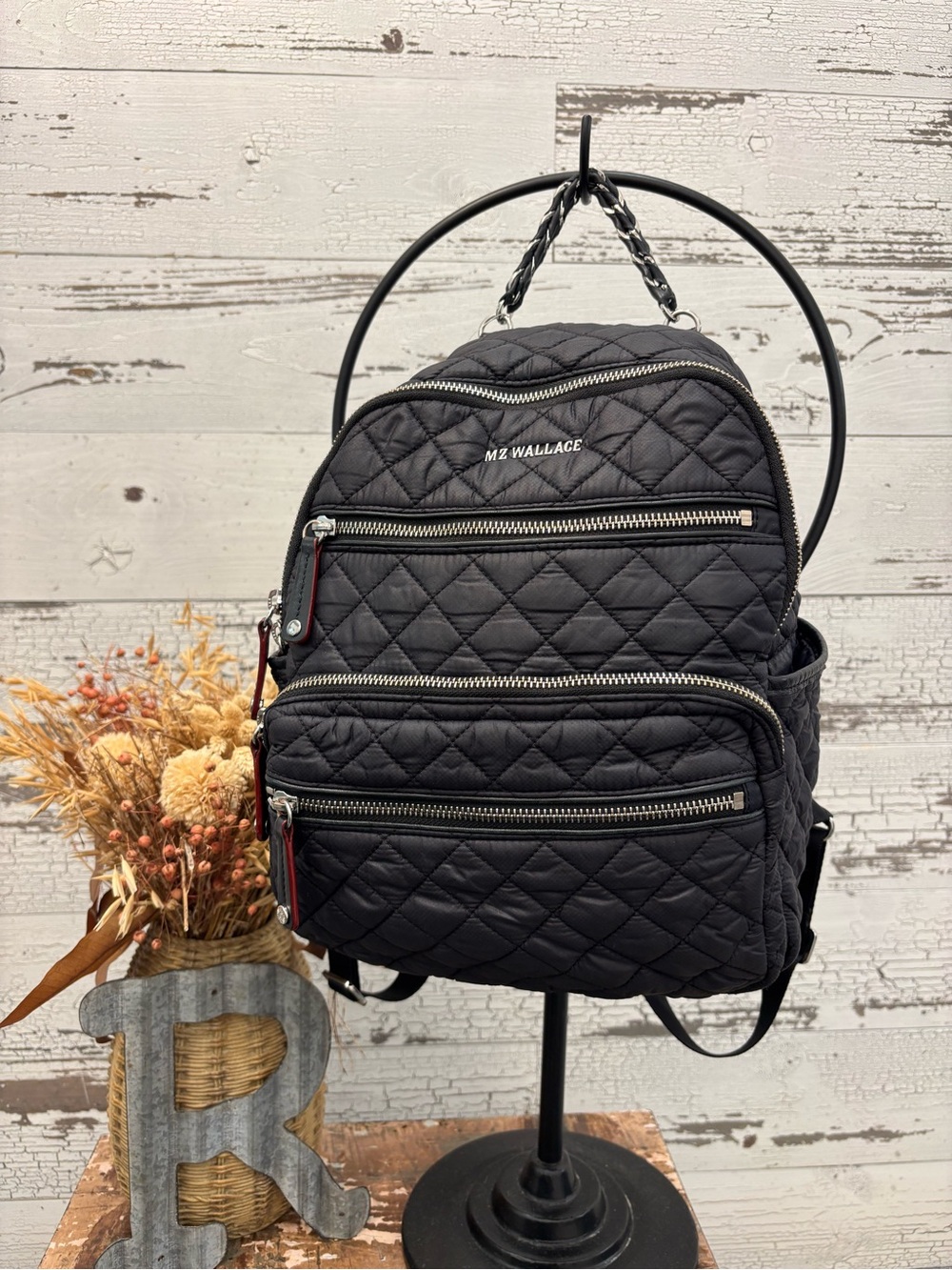 MZ Wallace Quilted Black Mini Backpack with Multiple Zip Pockets